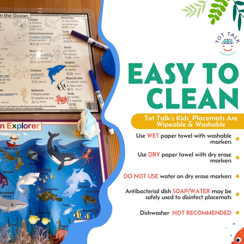 Tot Talk Learn Sea Creatures Names in English, Spanish, Chinese, & Frenchâ€“ Ocean Kids' Educational Placemat â€“ Made in USA - Color in Animals on Reverse Side â€“ Waterproof, Washable â€“ By Tot Talk â€“ 11.5â€ x 17.5â€ - Image 5